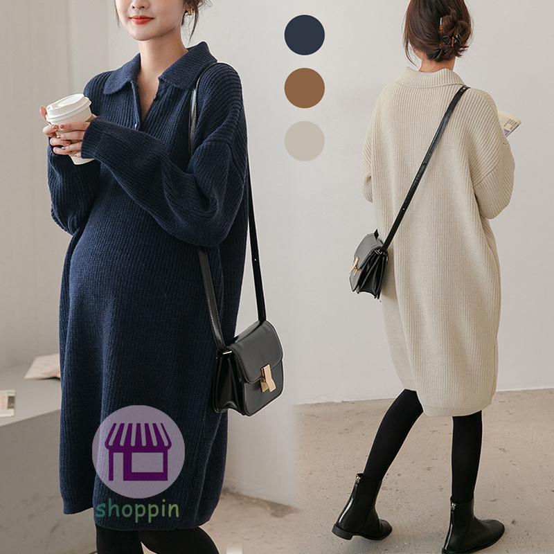 マタニティ ワンピース ロング ニット シャツワンピース マキシ丈 マタニティウェア ルームウェア 妊婦服 長袖 前ボタン レディース 無地 秋 冬