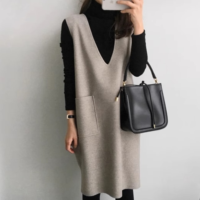 レディース スカート サロペット セットアップ ツーピースセット 2点セット ウール ジャンパースカート 膝丈 長袖 ポケット かわいい 大人可愛い きれいめ シンプル カジュアル 上品 おしゃれ