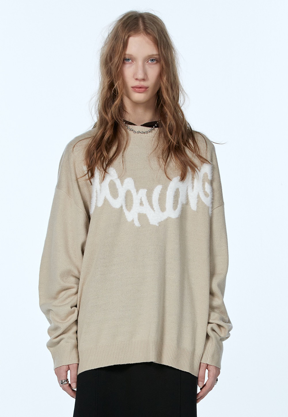 【WOOALONG】 LETTERING LOGO KNIT : LIGHT BEIGE