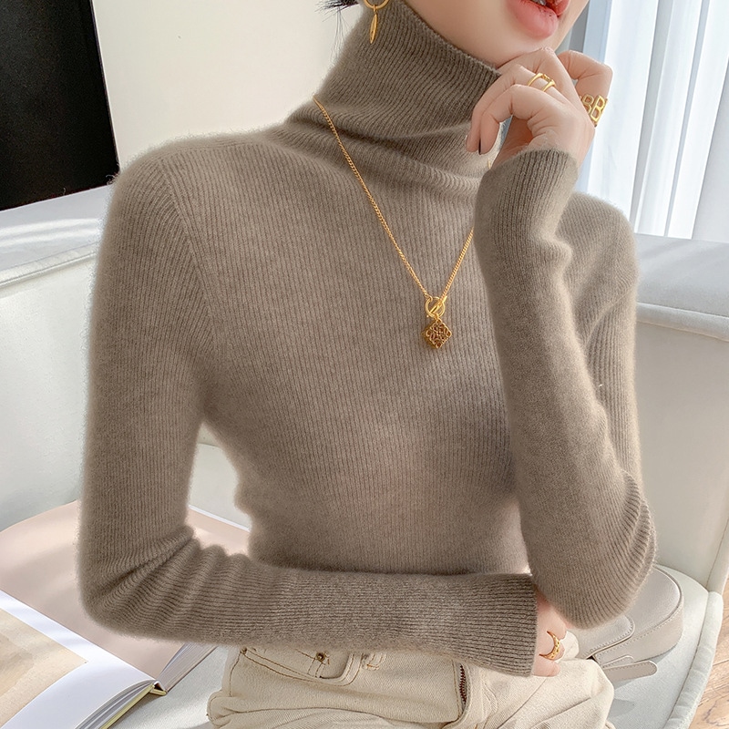 カシミア シームレス タイト フィット秋冬レディース スリム セーター ニット ボトミング コートハイカラー プルオーバー トップ