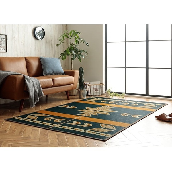 い草 ラグ マット 約140×200cm ストーリー柄 エスニック イエロー 日本製 湿度調節 抗菌 防臭 キリムシリーズラグ