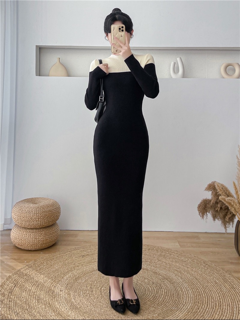 エクストラロングフレンチニッチニットワンピース女性春冬スリム薄型パッケージヒップボトムインナーセーターワンピースロングスカート
