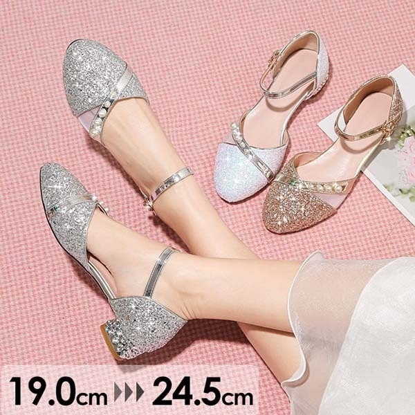 女の子 靴 セパレート パンプス フォーマルシューズ ピアノ発表会 結婚式 入学式 卒業式 卒園式 七五三 キラキラ ヒール3 太い ローヒール アーモンドトゥ ストラップ アンクルストラップ 上品