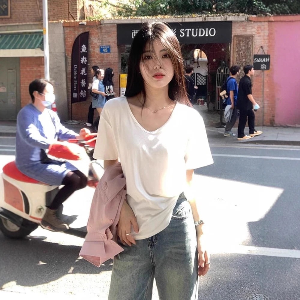 【今季トレンド】【純綿】 Vネック tシャツ # レディース 夏 半袖 ルーズ無地ボトムシャツ コットンTシャツ レディース トップス 半袖 肩タックレディース カットソー tシャツ 綿 コットン 大