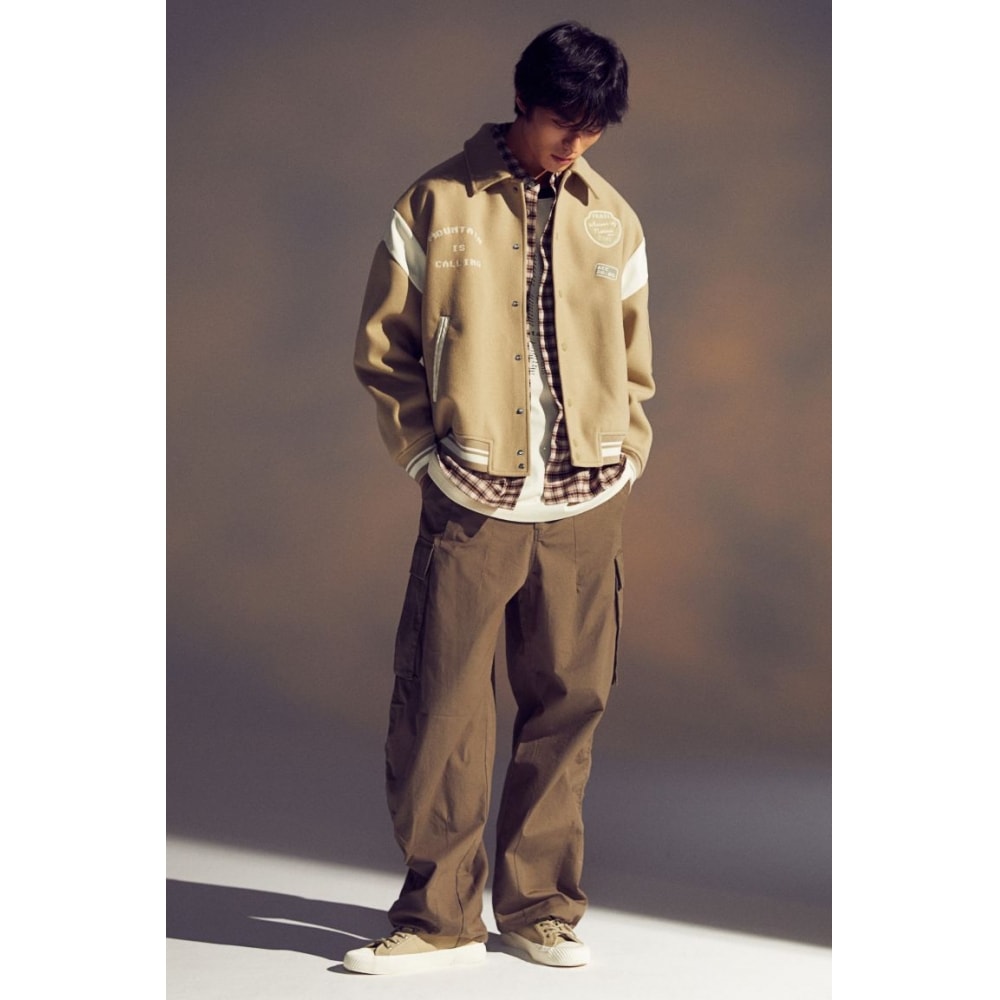 H&M フェルトベースボールジャケットルーズフィットベージュ