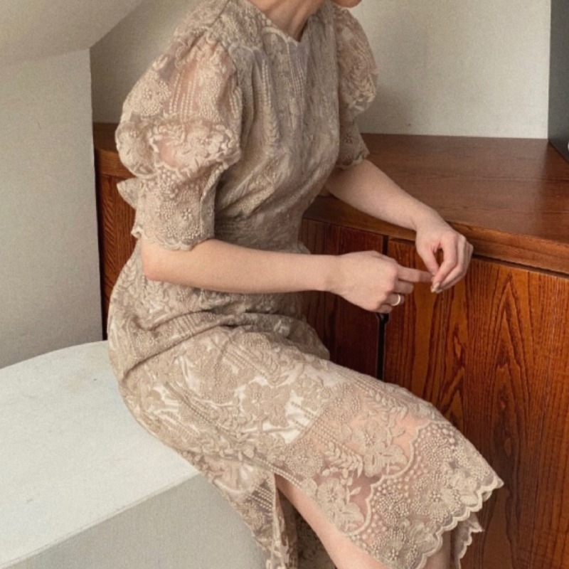 ロングワンピース 花柄 レース パフスリ エレガント ワンピース ドレス 個性的 レディース オルチャン ロング丈 きれいめ おしゃれ 高見え 着やせ 謝恩会 結婚式 顔合わせ 上品