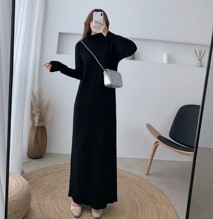 レディース ワンピース ロング ロング丈 長袖 ラウンドネック タートルネック 細身 ストレート