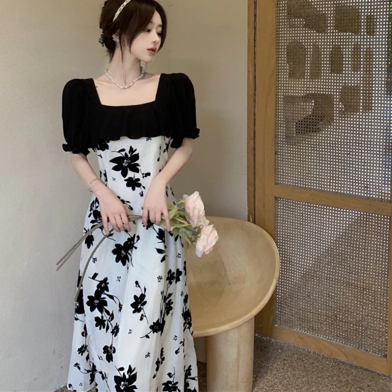 ワンピース 袖あり 半袖 パフスリーブ フリル スクエアネック 無地 花柄 フローラル フラワー プリント シンプル 大きいサイズ ハイウエスト ロング ミモレ丈 L XL 2XL半袖ロング・マキシ丈ワンピ
