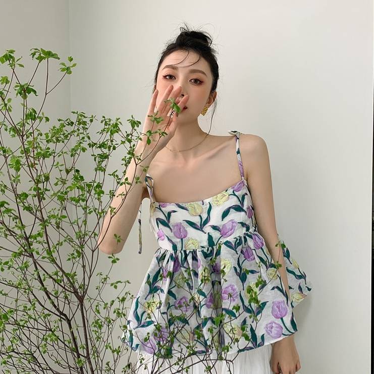 チュール トップス キャミソール 2色 クロップトップ ノースリーブ シフォン リボン 花柄 チューリップ フリル レースアップ ぺプラム 大人可愛い シンプル 大人 セクシー こなれ感 ワイド ラフ