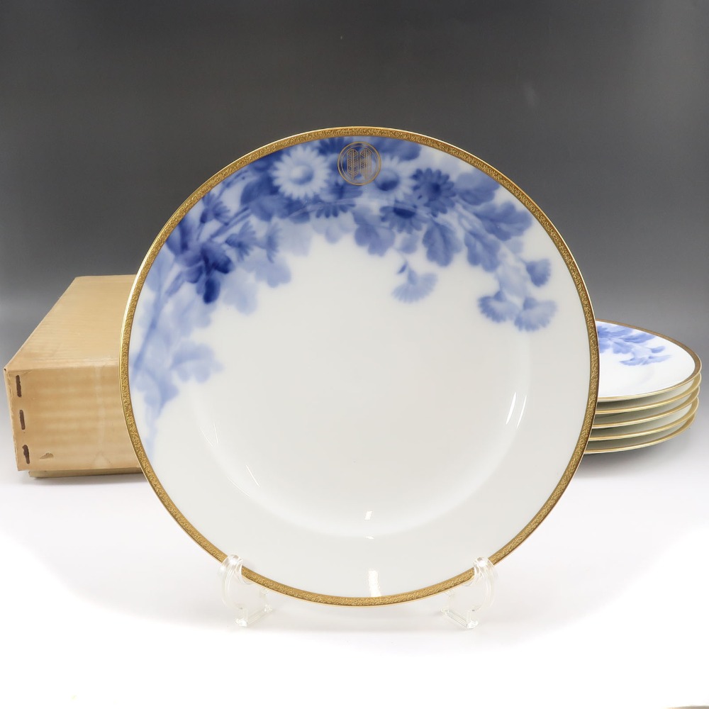 OKURA 大倉陶園 1919年ラベル 戦前マロン印 特注品 【 久世鷹の羽紋 】 ブルーローズ 岡染め皿 6客 食器 陶磁器 _ 中古品