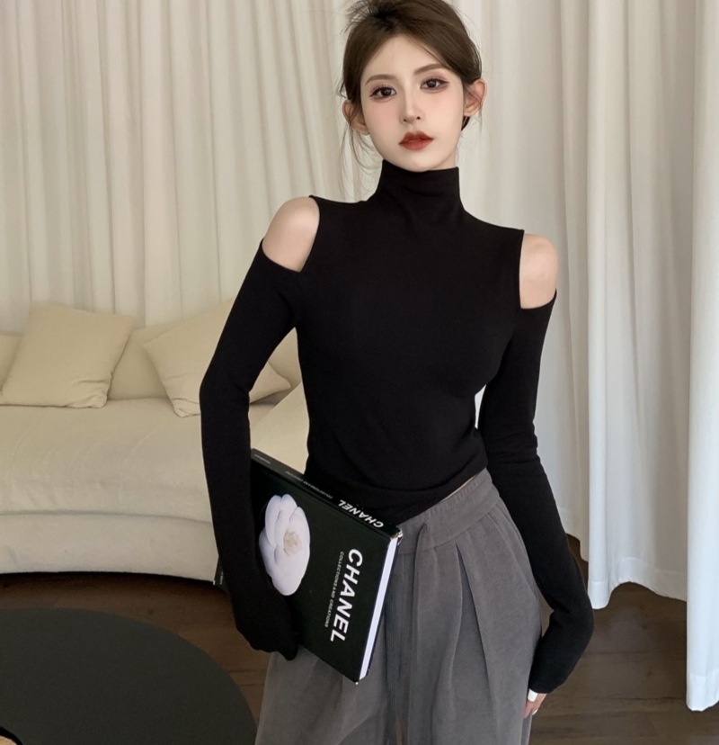 ストラップレス ハイネック ニット トップス 肩出し 暖かい タートルネック 長袖 スリムフィット シンプル 大人 上品 おしゃれ セクシー 無地 秋 冬 お出かけ 休日 旅行 普段使い 韓国