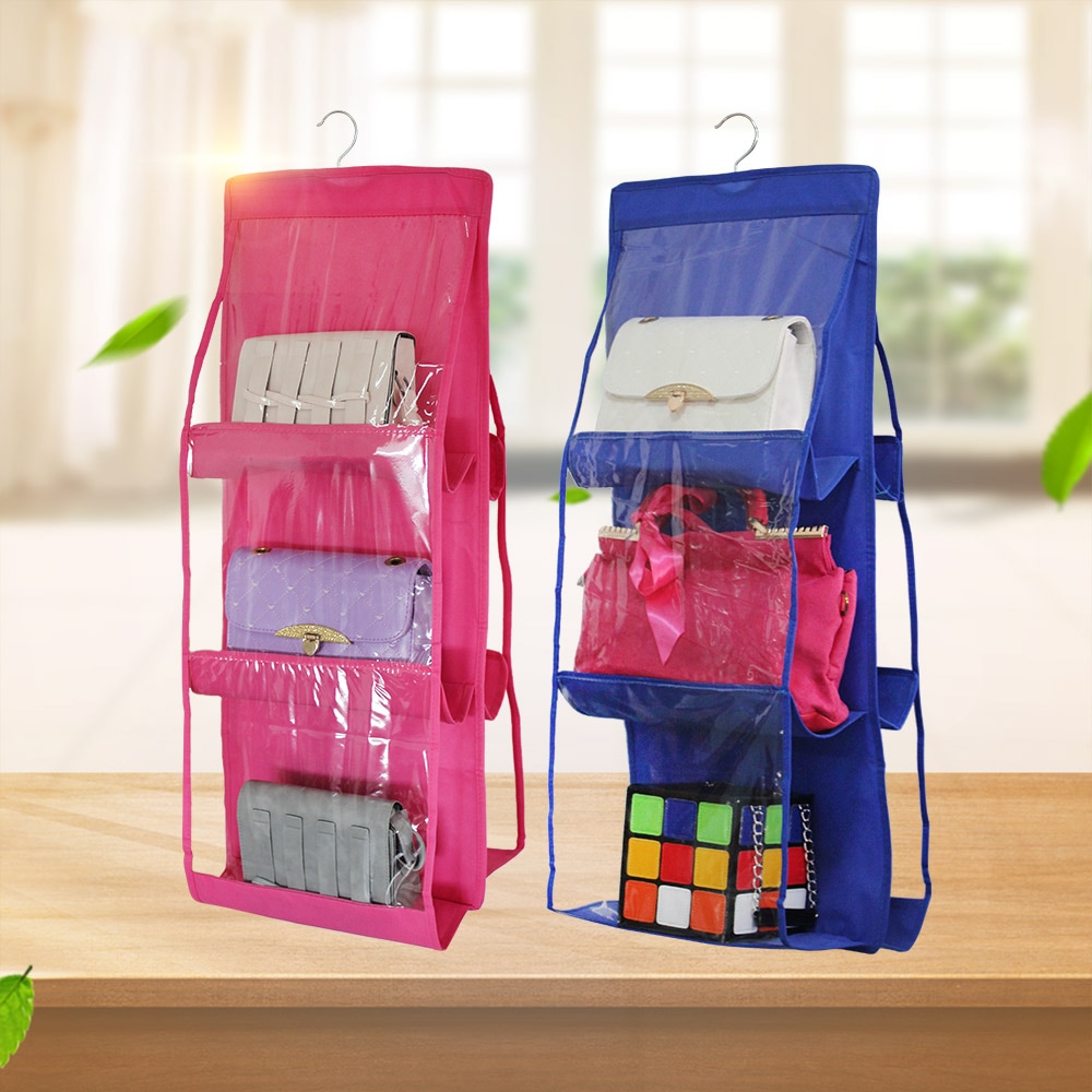 送料無料バッグ収納ラック カバン収納 両面3段式 ハンガー付き 不織布 吊り下げ 通気 ６個収納可