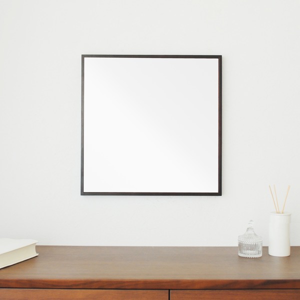 細枠正方形ウォールミラー幅42cm (ブラウン/茶) 天然木 鏡 スリム 高級感 木製 飛散防止加工 壁掛け オシャレ 北欧風 玄関 トイレ 洗面 日本製 完成品 NK-9