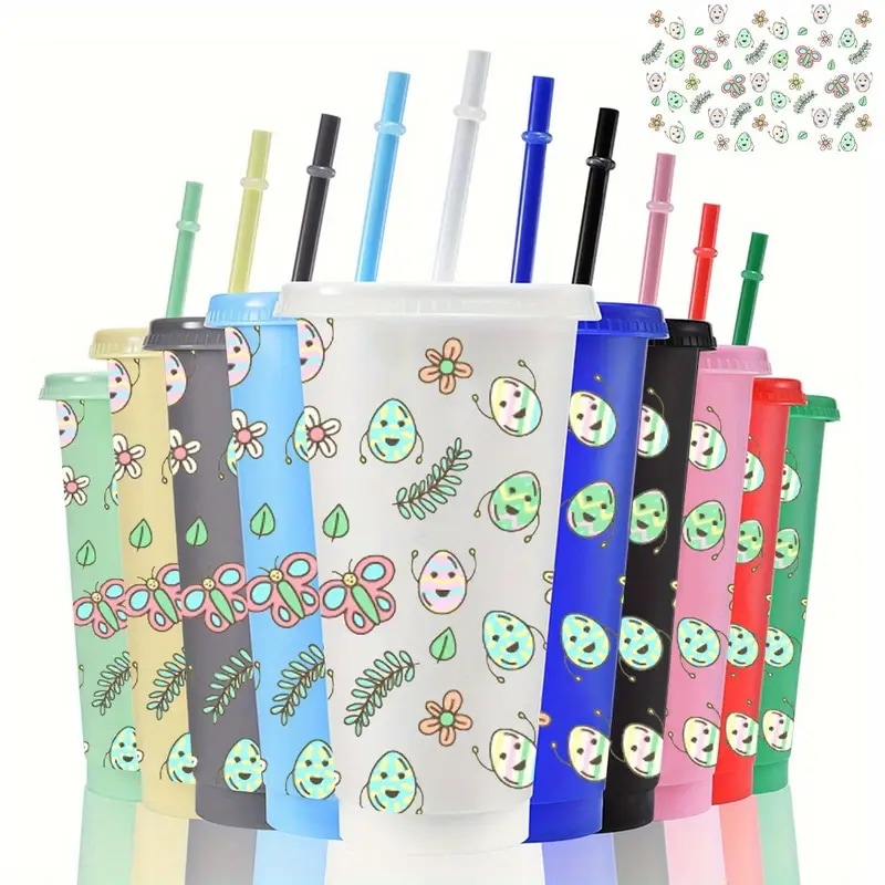 10個セット - 24オンス 再利用可能なパーティーカップ（ストロー＆蓋付き） 卵型デザイン イースターギフトやアウトドア夏の水分補給にパーティー用食器 明るいカップデザイン 漏れ防止