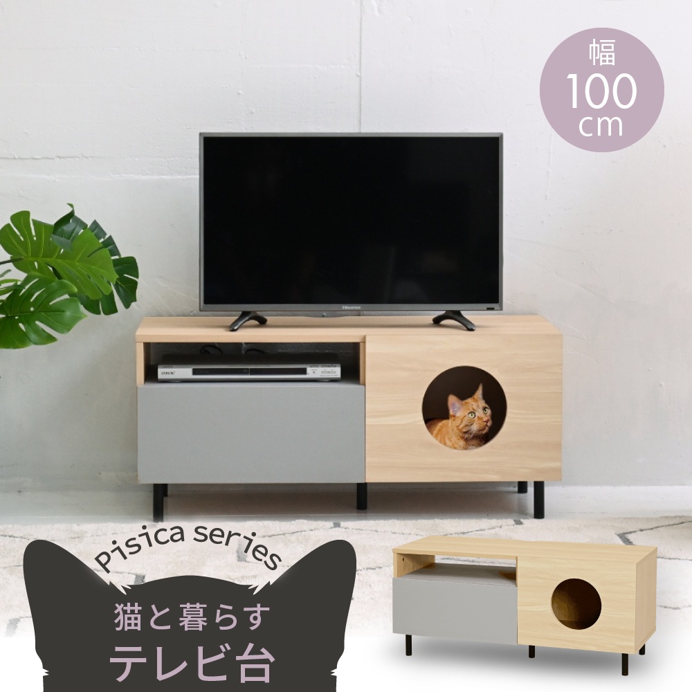 テレビ台 猫家具 40型対応 幅100cm ペットハウス 収納キャビネット キャットトイレタリー ペット家具 ローボード リビング収納 インテリア FNK-0001