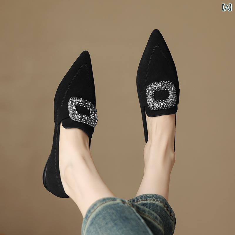 ローファー 革靴 レディース 英国 ポインテッドトゥ 厚手 ヒール シングル シューズ 女性用 フレンチ レトロ フロスト レザー 深口 スクエアバックル ラインストーン スリッポン カジュアル