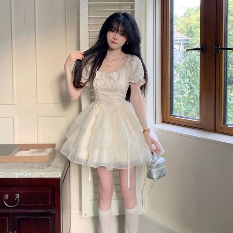 谷の清fengリリースイートプリンセススタイルボウガンショートドレス腫れたスカート女性夏