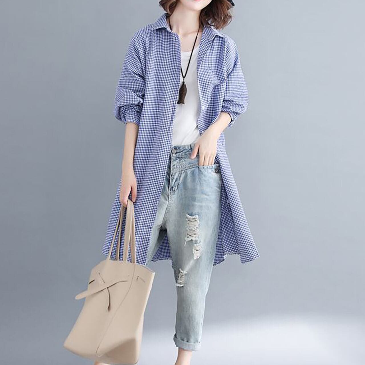 シャツ トップス チェック柄 ビッグシルエット l フロントボタン ボタン付き 襟付き ポロ襟 薄い 羽織 羽織り ロング丈 ミディアム オーバーサイズ ゆったり 大きめ 体型カバー カジ