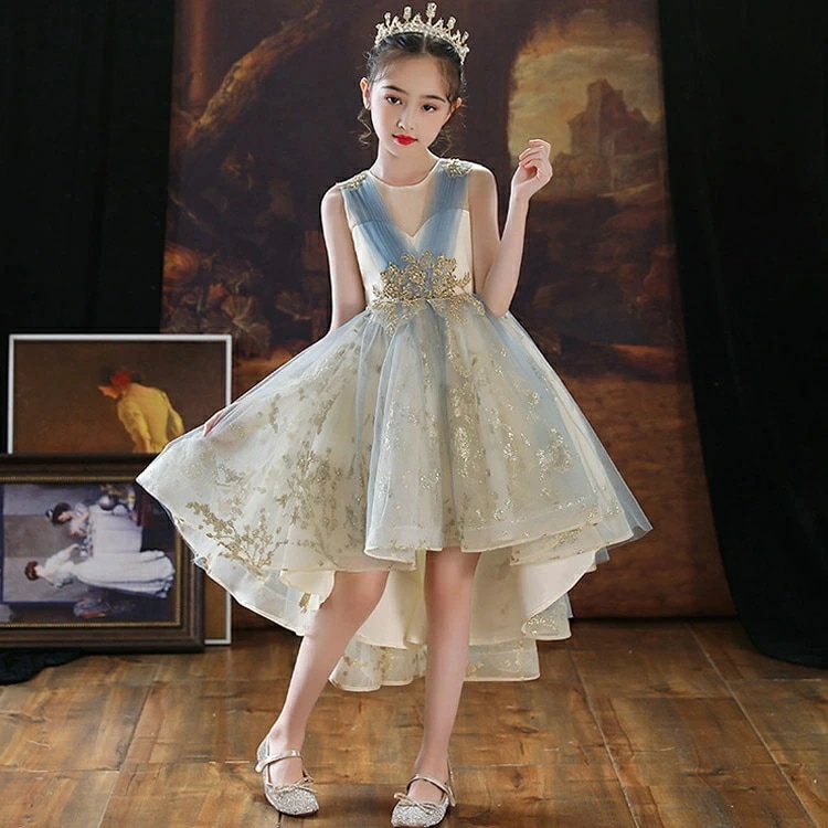 子供ドレス スパンコール キラキラ ピアノ発表会ドレス 女児ドレス ブルー シャンパン色 ノースリーブ 演奏会ドレス 女の子ドレス ショート丈 前短後長 キッズドレス フォーマル 100~160cm