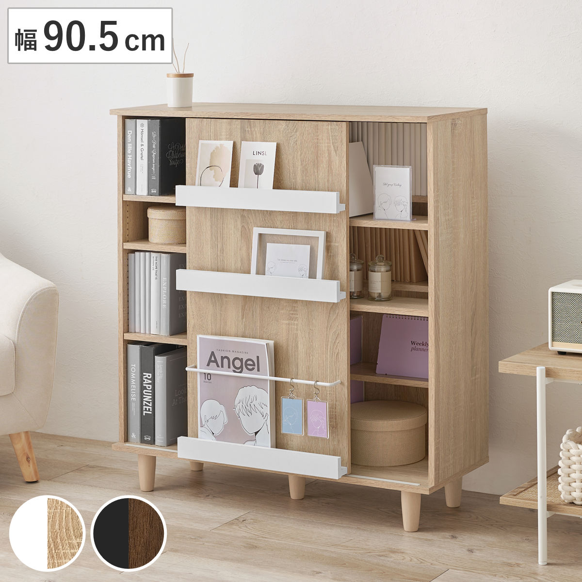 本棚 幅90.5cm コミック約400冊収納 スライドラック 可動棚 ブックシェルフ 棚 ラック収納 大容量 片面スライド扉 飾り棚 シェルフ マガジンラック 見せる収納 隠す収納 ナチュラル