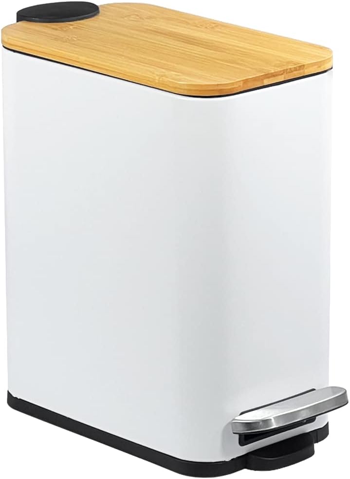 ゴミ箱 5L ふた付き スリム ペダル式 角型 竹蓋 消臭 密閉 音無し キッチン/リビングルーム/トイレ/バスルーム/オフィス/部屋用（白い）