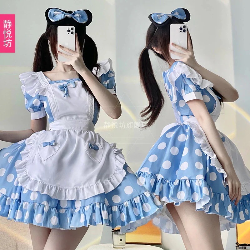 日本アリス水玉メイド服ロリータドレスふんわり可愛いコスプレ衣装ミッキー衣装