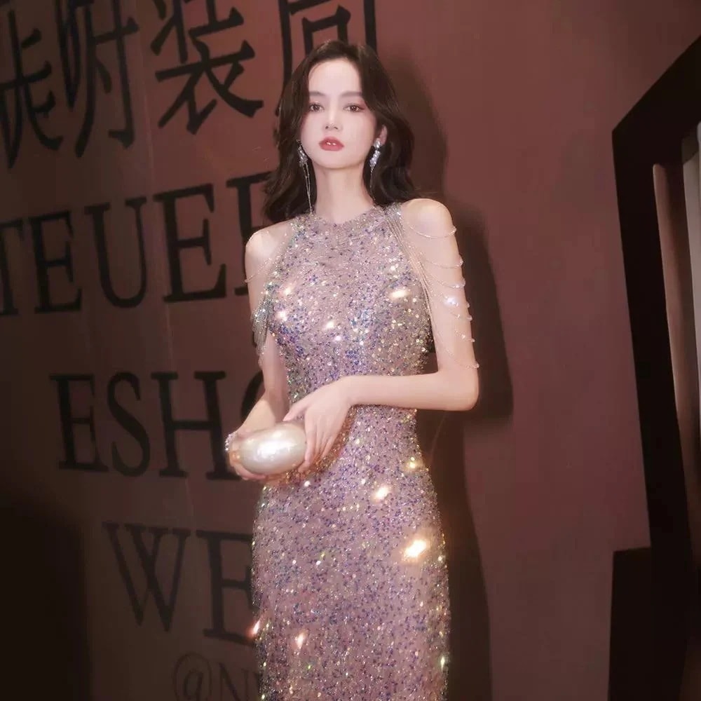 イブニングドレス宴会気質2025秋冬ホストホルターウエストウエストテールスパンコールドレス