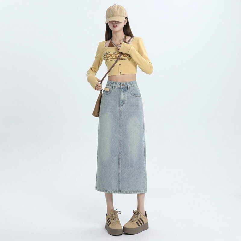 ヒップ ハグ スカート デニムスカート 半身 レディース スカート スリット入り ハイウエスト ミドル丈 Aラインスカート ベルトループ ポケット付き ライトブルー デニムスカート シンプル カジュア