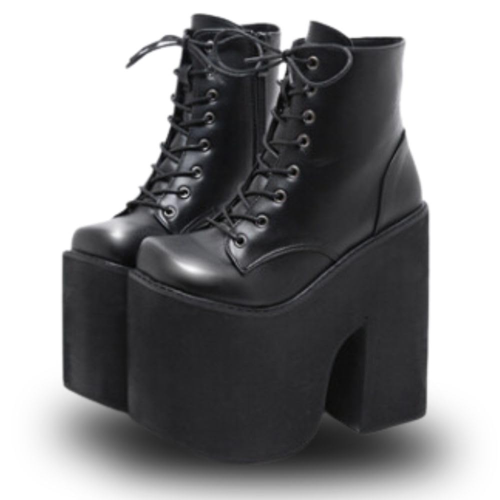 ブーツ 超 厚底 レディース 17cm サイドジッパー ショート レースアップ 編み上げ 太ヒール 黒 コスプレ ゴスロリ パンク 25cm