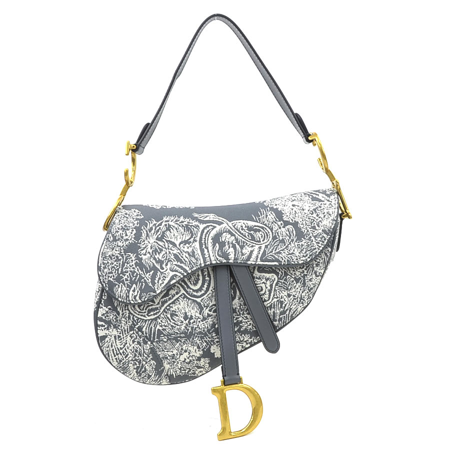 クリスチャンディオール Christian Dior ショルダーバッグ Saddle バッグ トワル ドゥ ジュイ リバース ジャガード キャンバス/レザー グレー/オフホワイト ゴールド レディース