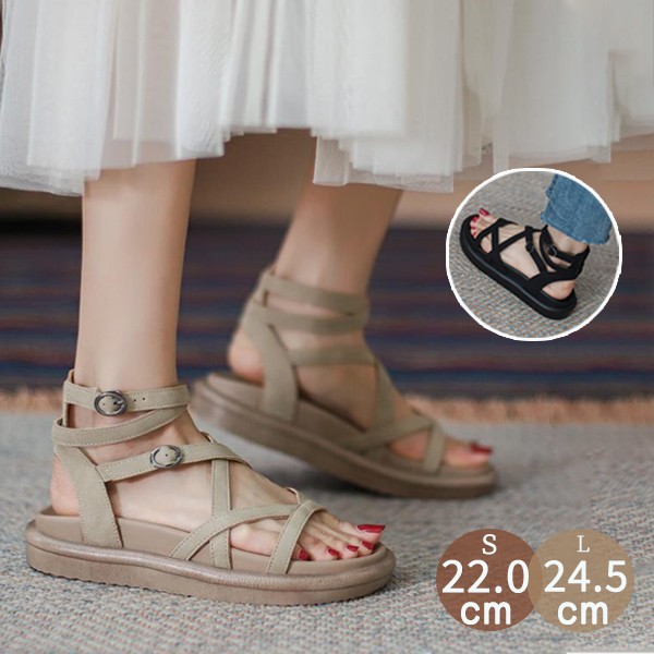 サンダル レディース ストラップ ストラップサンダル ぺたんこ ローヒール 痛くない 歩きやすい 編み上げタイプ かかとあり 夏 ベルト 靴 女性 大人 美脚 シューズ シンプル ベージュ ブラック