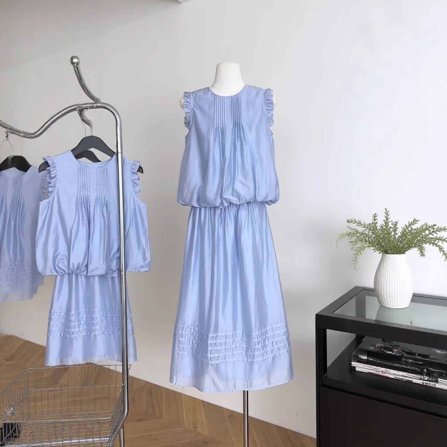 【急速出荷】青空瑠璃水色小飛袖チョッキ花蕾上着天糸ハーフスカートスーツ