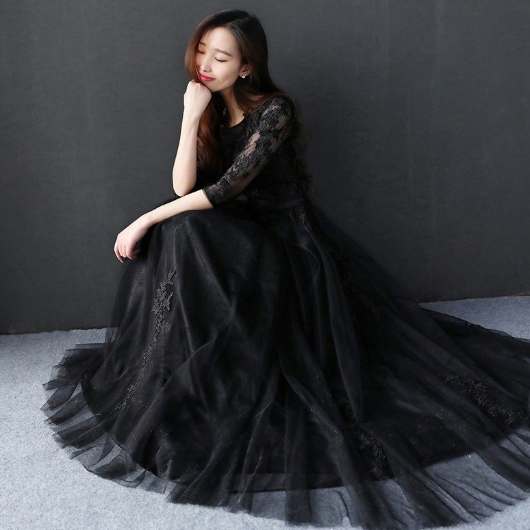 カラードレス 黒 ロング 安い カクテルドレス 演奏会 結婚式 イブニングドレス 二次会 長袖 ウエ