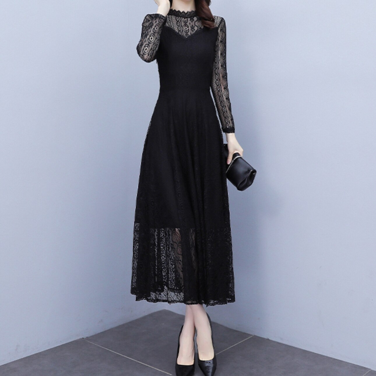 ワンピース 膝丈 袖あり 長袖 ラウンドネック レース キレイ目 おしゃれ カワイイ スタイリッシュ 韓国 レトロ モダン クラシック 上品 シンプル こなれ感 カジュアル フォーマル 5,318円