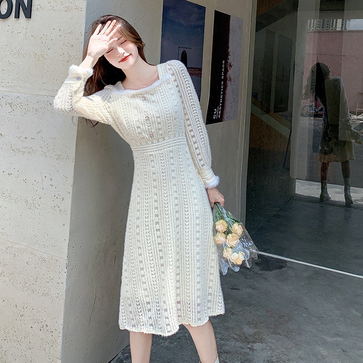 ワンピース フレアワンピース 膝下 袖あり 長袖 スクエアネック フレア セミフレア もこもこ モコモコ ふわふわ 大人可愛い 大人 上品 おしゃれ お洒落 ラブリー キュート ガーリー 主役級