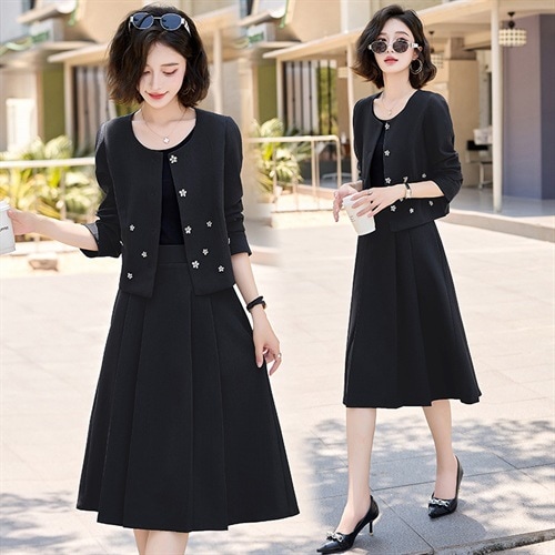 人気 新作 ２色 ノーカラージャケット+ハーフスカートセットアップ セット ショート丈長袖スーツ+ハーフスカート テーラードフォーマルドレス パーティドレス 着痩せ/秋春冬/OL 通勤/きれいめ/キャ