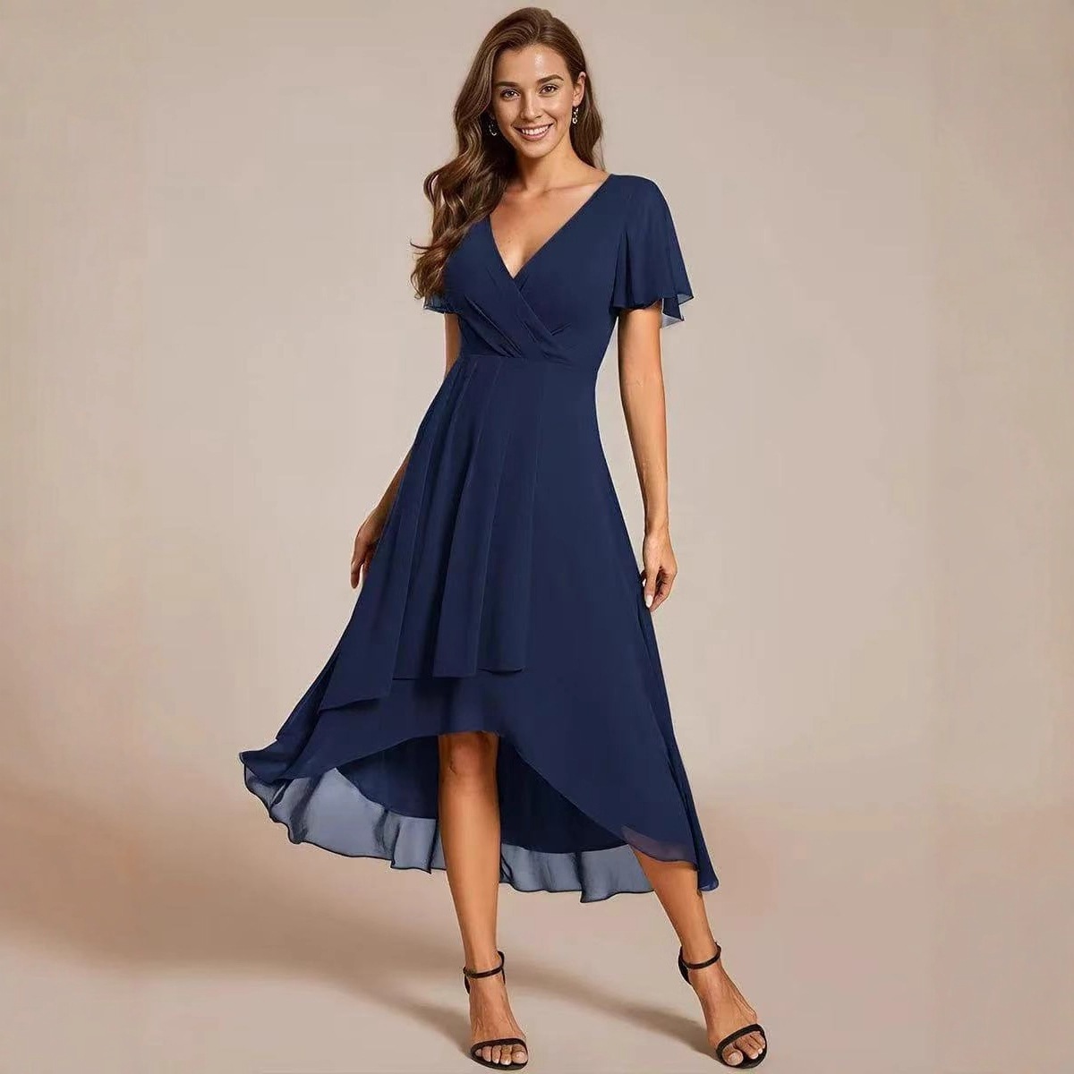 2025ピュアカラーvネックフリル半袖舞踏会ドレスシフォンエレガントパーティーワンピース