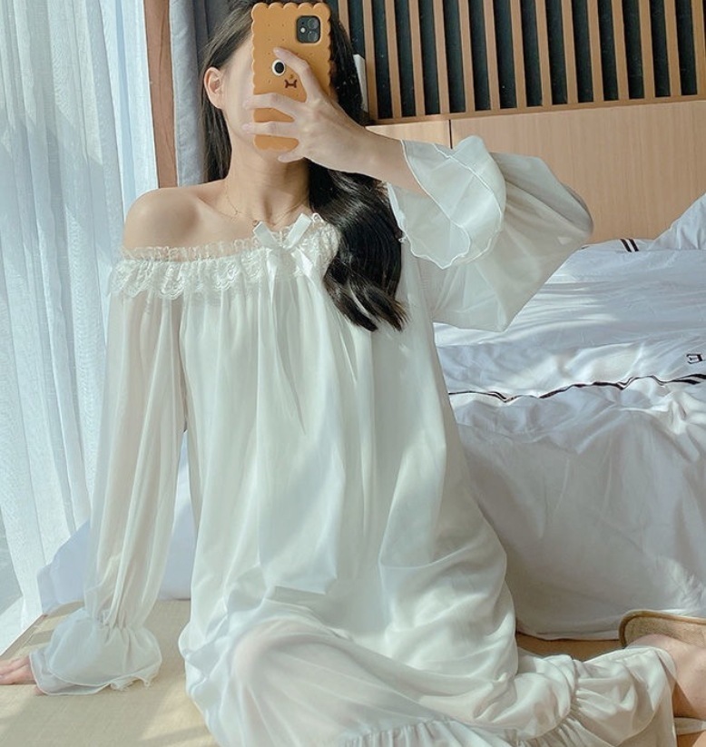 ルームウェア デート モテアイテム ナイトウェア ネグリジェ 長袖 オフショルダー チュール シフォン フリル リボン 可愛い きれいめ 上品 おしゃれ かっこいい 可愛い ラブリー キュート