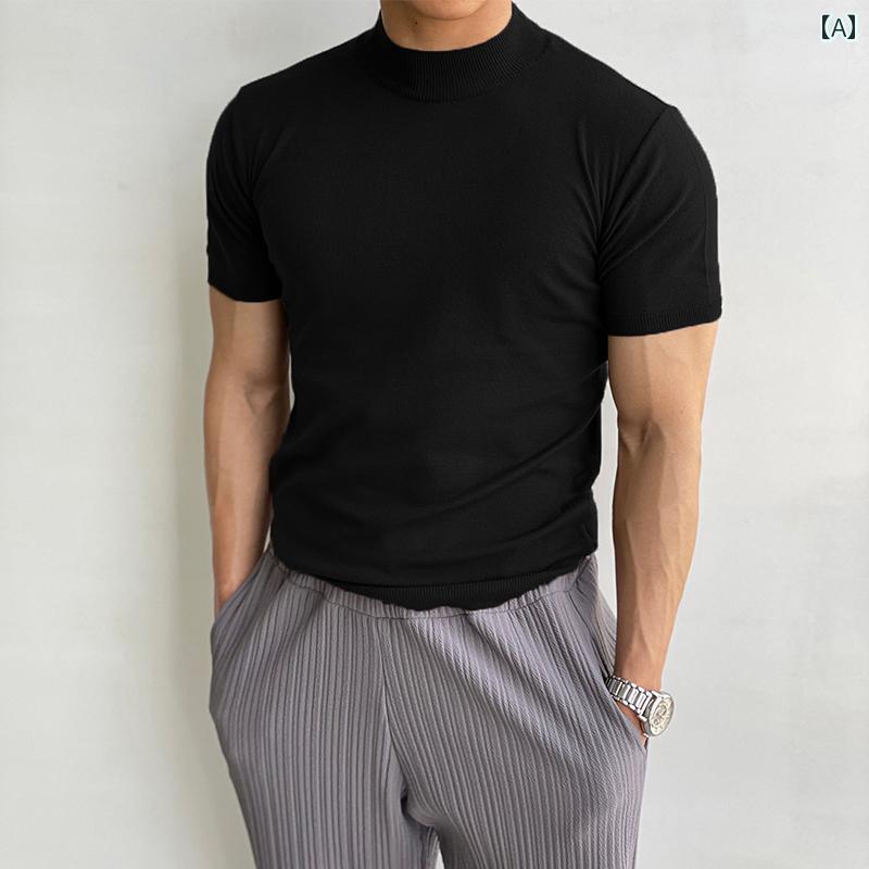 ニット メンズ 半袖 セーター ハイネック トップス 夏 無地 シンプル Tシャツ 韓国 タイト 薄手 大きめサイズ ブラック ホワイト