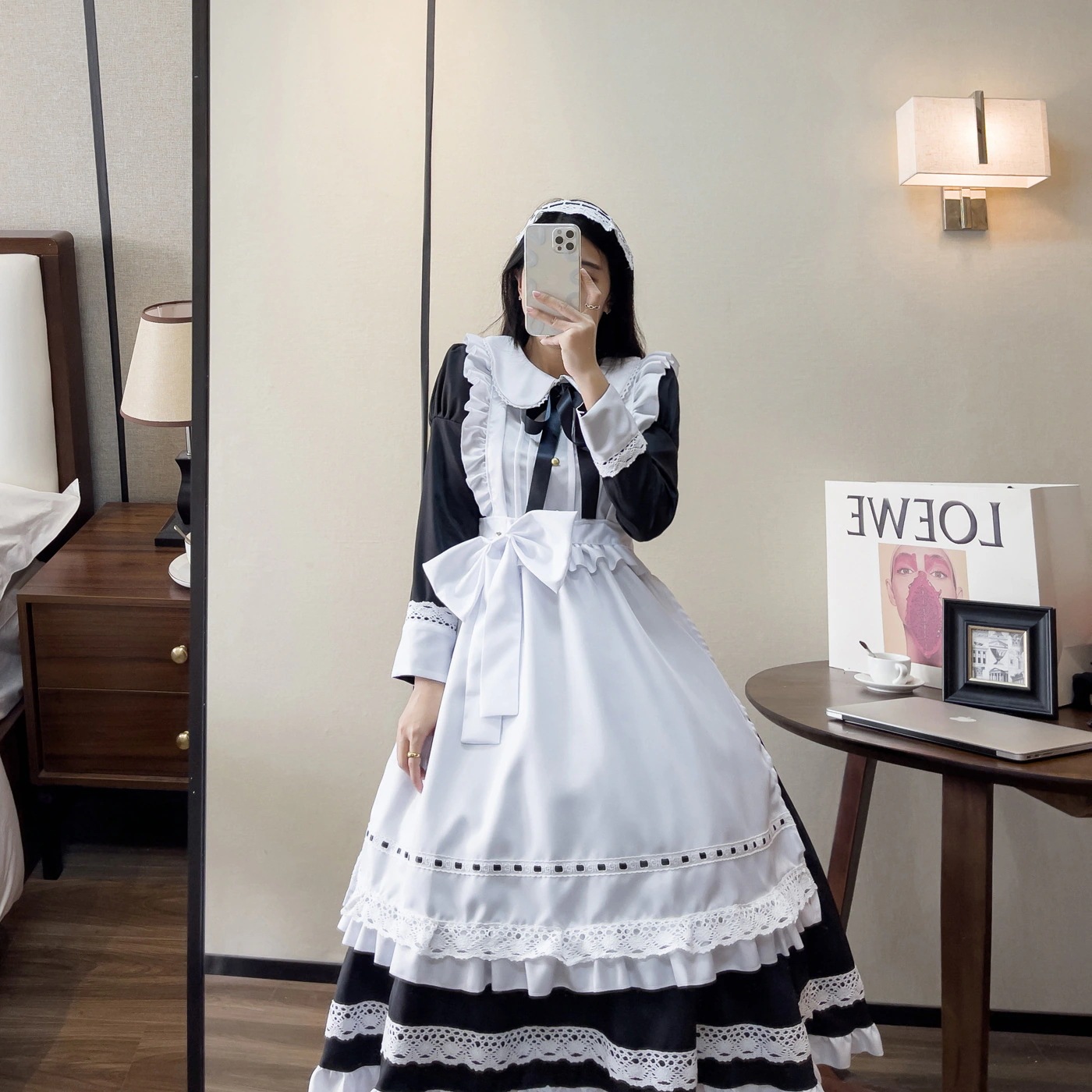 伝統的なメイドロングスカート長袖メイド衣装女装英国家政婦コスプレ日本の制服かわいいドレス