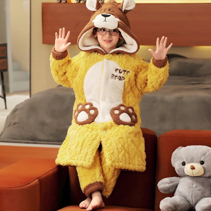 通学 子供用ガウンパジャマ秋冬男児サンゴ絨毯三層綿挟み部屋着厚手加絨バスローブ 保育園 小学部