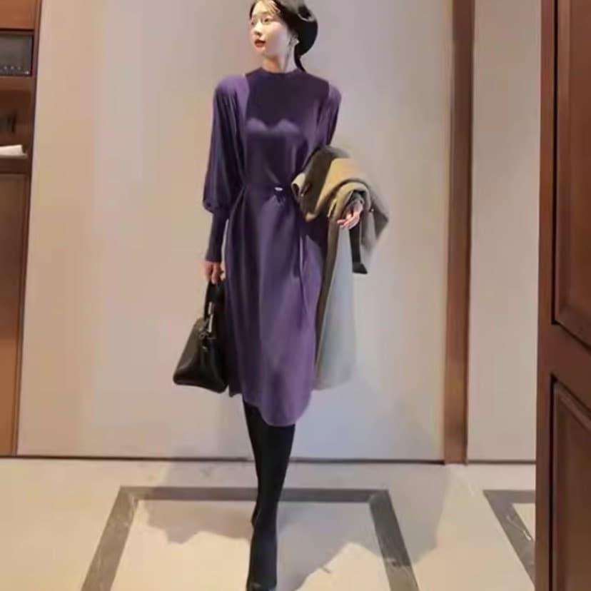 ワンピース ニットソー ニット 膝下 ミモレ ミモレ丈 袖あり 長袖 ハイネック パフスリーブ タイト 細身 ベルト ウエストマーク きれいめ シンプル カジュアル 大人 上品 おしゃれ お洒落