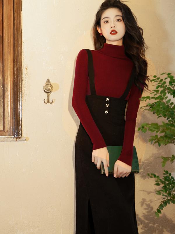 オーバーオール スカート ジャンパースカート レディース エレガント ツーピース 春 レトロ ニット ハイネック ジッパー ボタン 秋冬 スリット スタイルアップ 緑 赤 トップス 黒