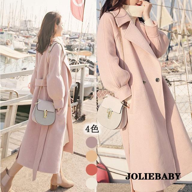 ラシャコート レディース ピンク ロングコート 冬 アウター コート チェスターコート パフスリーブ オシャレ 体型カバー 大きいサイズ