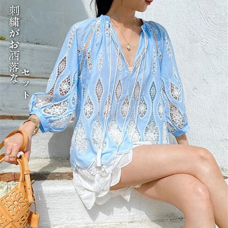 INSスタイル 夏のビーチファッション 刺繍デザイン七分袖オープンキャミとショートパンツ 2点コーデ