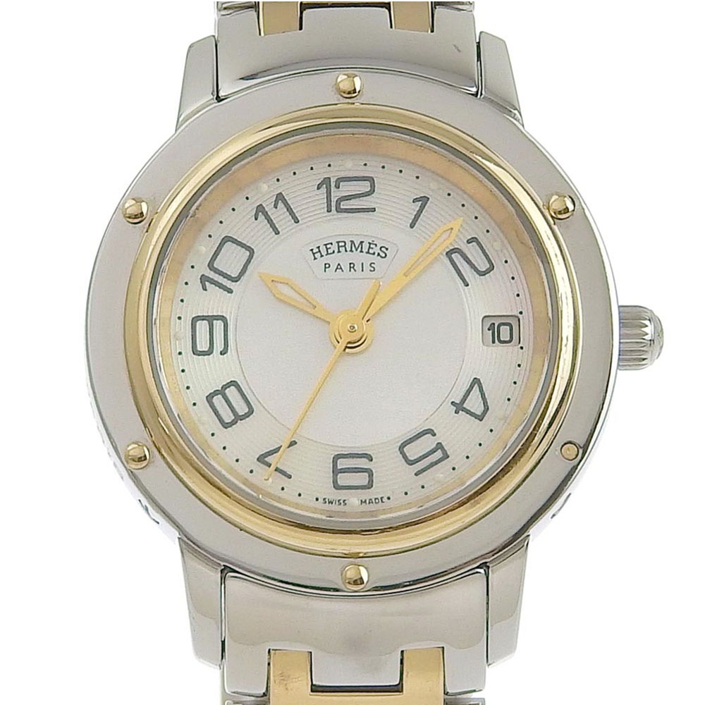品質は非常に良い  シルバー ステンレススチール 腕時計 CP1.220 Hermesクリッパー クオーツ 中古品 ホワイトシェル文字盤 レディース アナログ表示 その他 ブランド腕時計