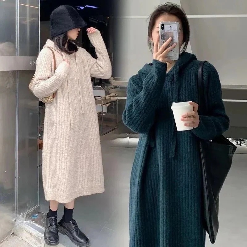 無地パーカーニットワンピースロングセーター韓国ファッションレディース秋服肌にやさしい 母の日 5,280円