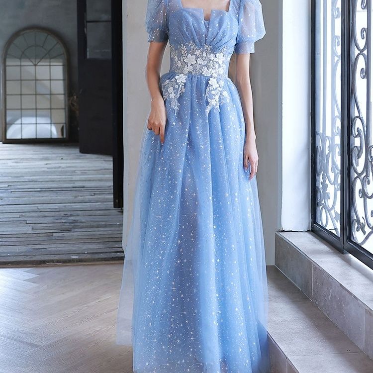 【2枚購入で 3oo円OFF！】青いドレス女性気質エレガントなホストテクスチャバースデー学生アート試験