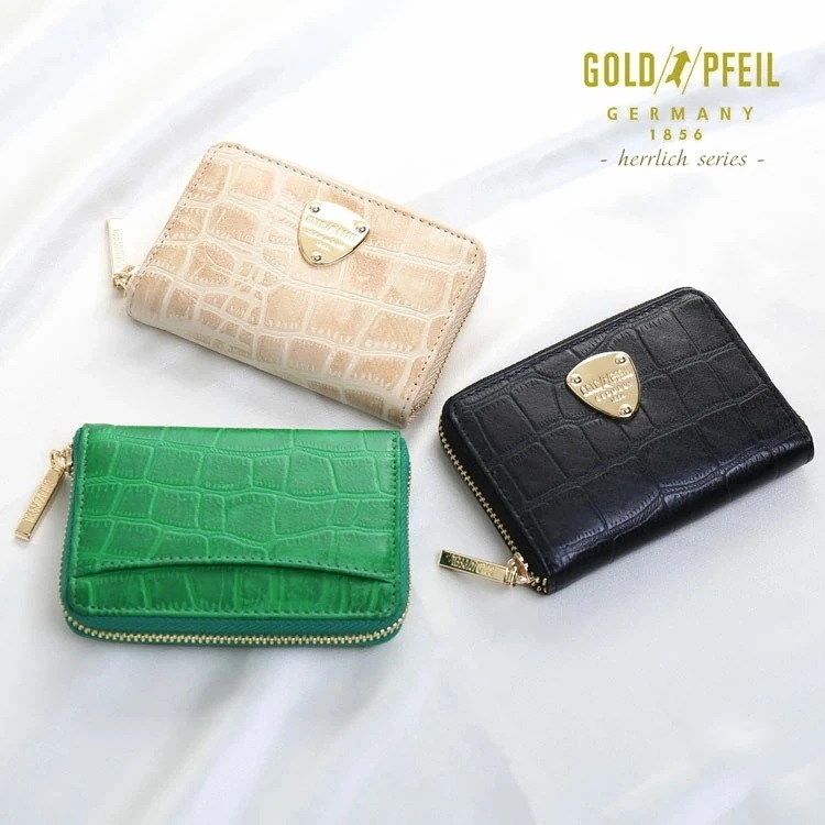 小さい財布 ミニ財布 レディース クロコ型押し 牛革 レザー 本革 GOLD PFEIL ブランド 軽量 軽い 小さめ コンパクト財布 ラウンドファスナー ミニウォレット 綺麗め 上品 母の日 ギフト