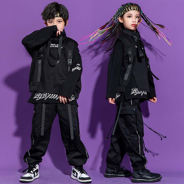 キッズ ダンス衣装 ダンス 衣装 上下 ヒップホップ セットアップ hiphop 韓国 k-pop 子供服 ガールズ ジュニア 男の子 女の子 大人 長袖 ベスト カーゴパンツ ジップアップ ポップダ